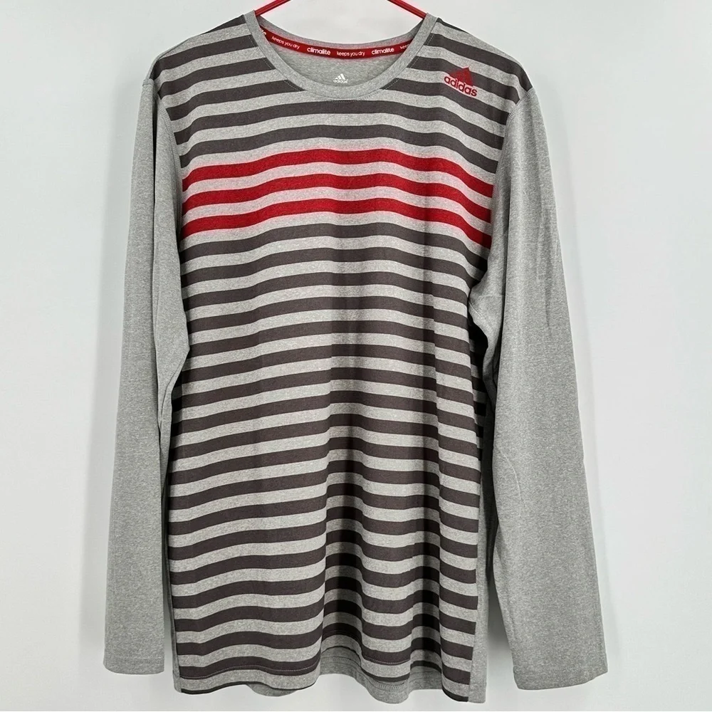 Adidas Climate Gray w/Red & Dark Gray Stripes on Front Long Sleeve Tee Sz Large